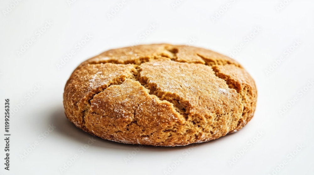 Round, rustic bread with cracked surface, showcasing golden-brow Round, rustic bread with cracked surface, showcasing golden-brow