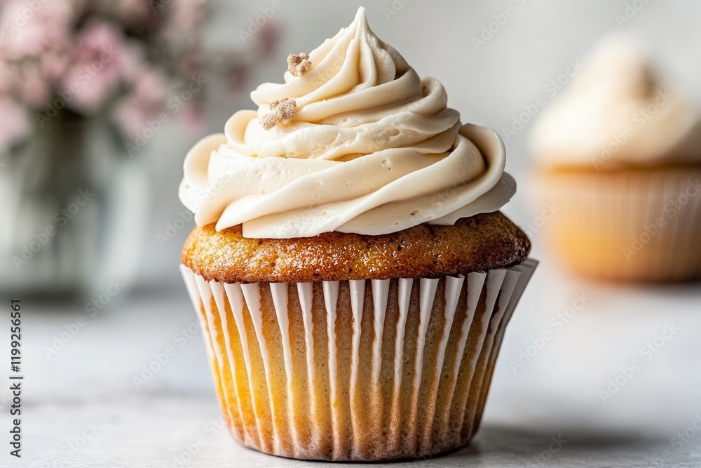 Delicious cupcake topped with creamy frosting, showcasing its mo Delicious cupcake topped with creamy frosting, showcasing its mo