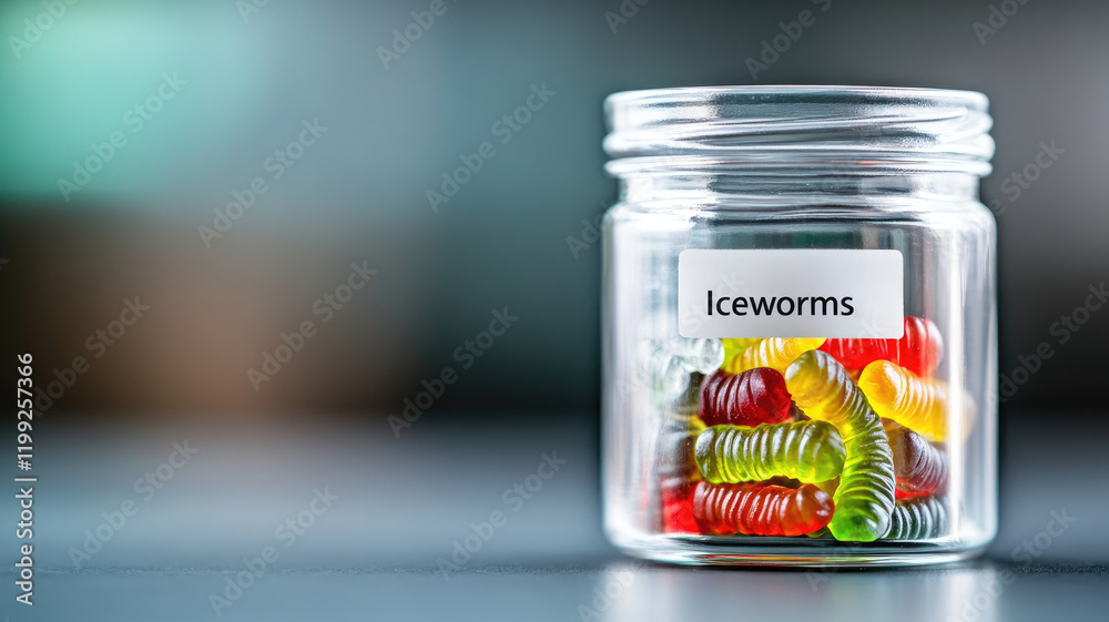 Assorted gummy worms in clear jar labeled Assorted gummy worms in clear jar labeled