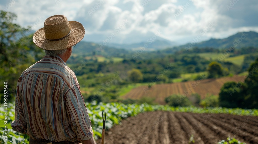 Standing with a plow in hand, a farmer gazes thoughtfully across his expansive fields, the twilight sky casting a warm glow over the verdant landscape and distant mountains Standing with a plow in hand, a farmer gazes thoughtfully across his expansive fields, the twilight sky casting a warm glow over the verdant landscape and distant mountains