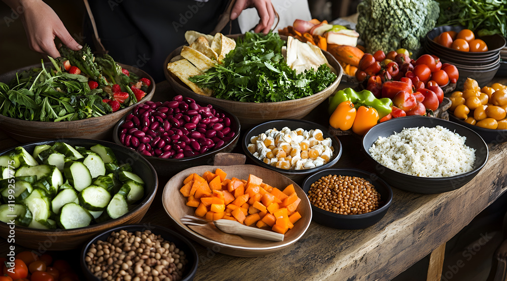 Fototapeta premium A vibrant display of fresh vegetables and legumes arranged in bowls on a rustic table, showcasing a variety of colors and textures.