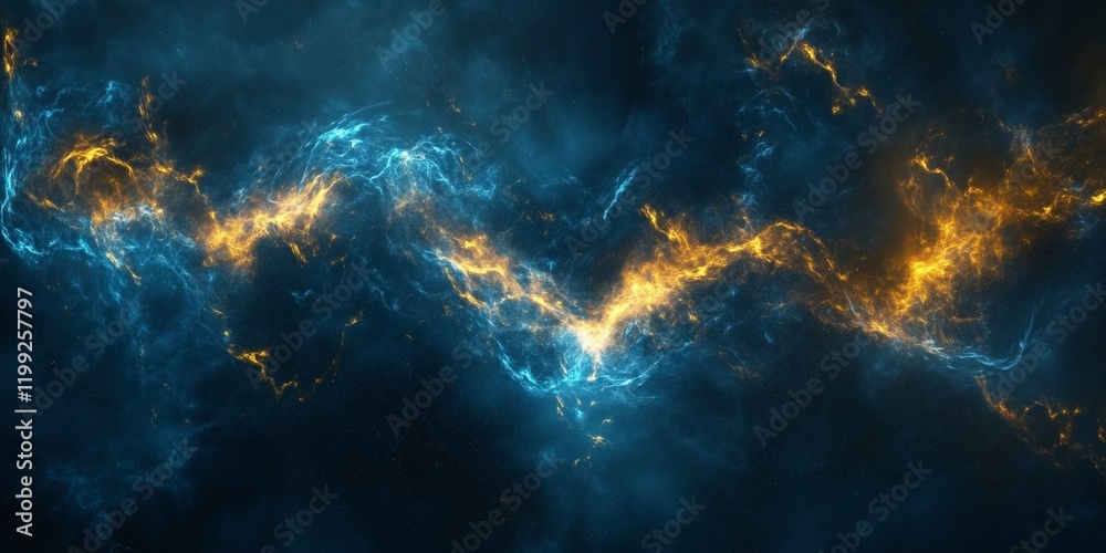 Obraz premium Cosmic Dance: A mesmerizing abstract art piece featuring swirling blue and golden nebulae, reminiscent of celestial bodies in a vast universe, evoking feelings of awe and wonder. 