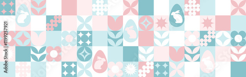 Seamless background with flowers for the spring holiday of Easter with a texture of circles and squares. Wallpaper mosaic with geometric shapes, pastel background with eggs and hares.
