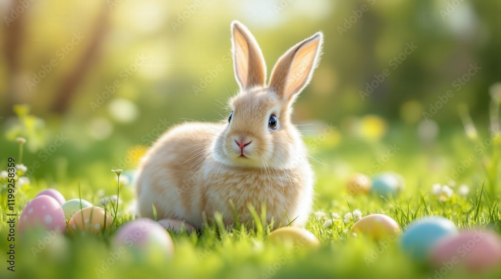 Fototapeta premium Cute Easter bunny sitting in a field of flowers with colorful eggs. Springtime celebration and holiday concept