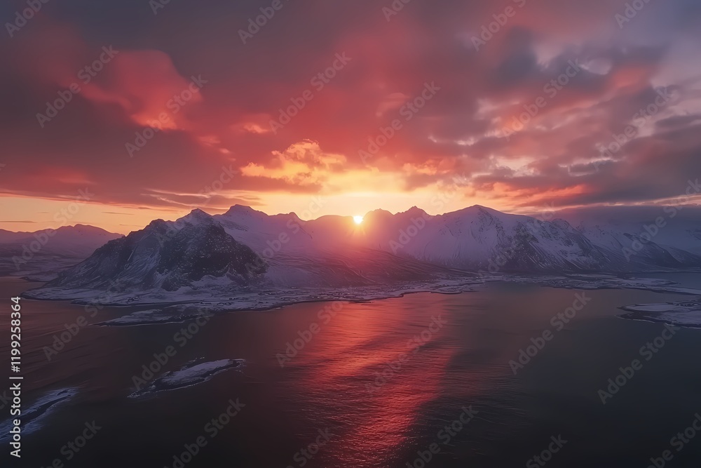 Fiery Sunset Over Snowy Mountains and Calm Fjord Fiery Sunset Over Snowy Mountains and Calm Fjord