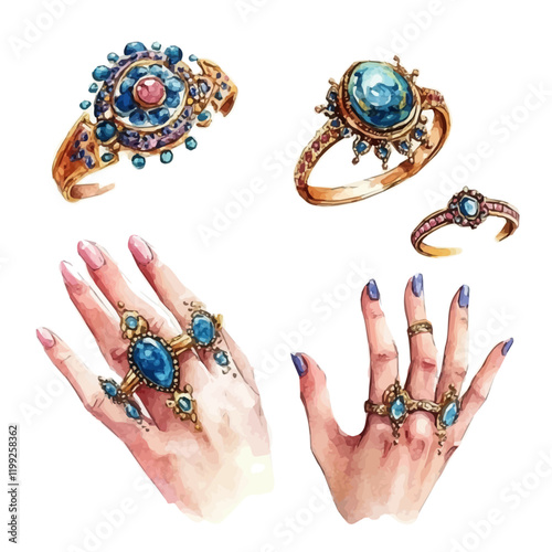 A watercolor vector painting of enamel-adorned rings, enhancing elegant and stylish hands.


