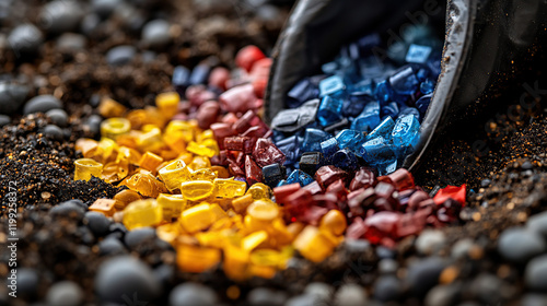 Colored Resin Pellets spilled on textured volcanic rock, industrial artful shot photo