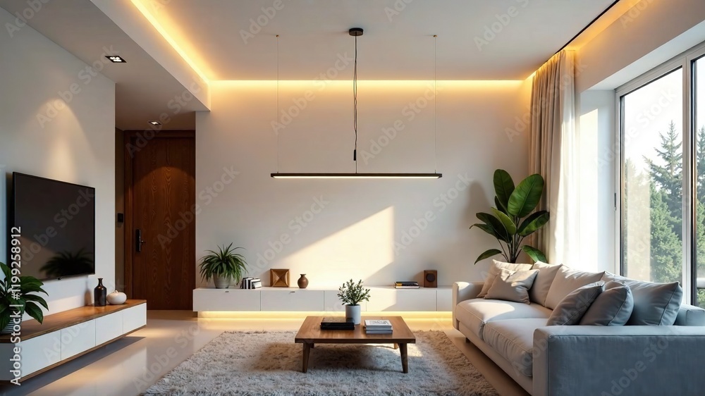 Fototapeta premium Modern Home Interior with Suspended LED Strip Lights