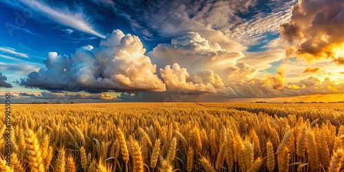 Stunning Cloudscape Over Field Panorama, Dramatic Sky, Agricultural Landscape