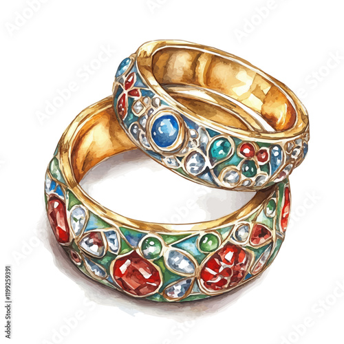 A watercolor vector painting of enamel-adorned rings, a symbol of Russian artistry and precision.

