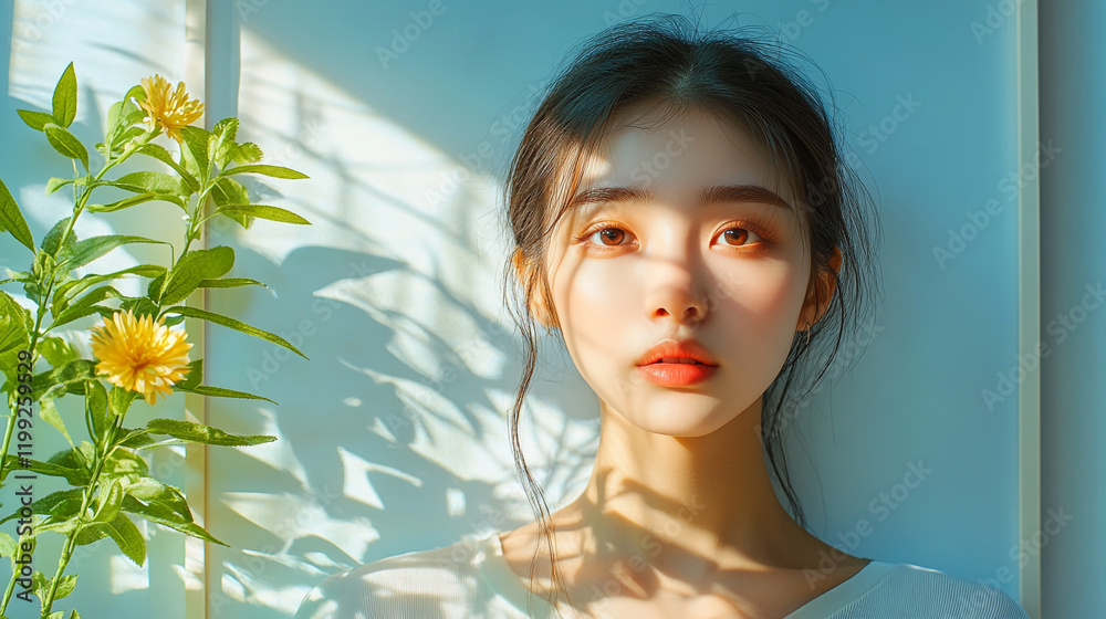 Portrait of a young woman with soft lighting and floral elements in an indoor setting Portrait of a young woman with soft lighting and floral elements in an indoor setting