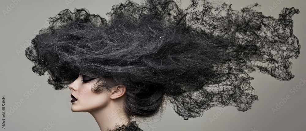 Fototapeta premium Avant-Garde Fashion Model with Dramatic Black Hairstyle and Makeup