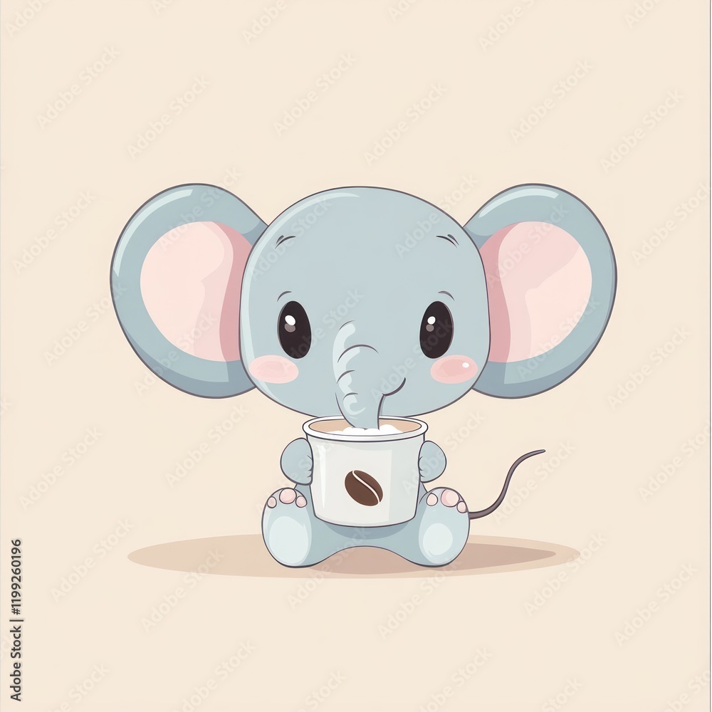 Elephant holding a coffee cup on a light background. Suitable for educational and children's materials Elephant holding a coffee cup on a light background. Suitable for educational and children's materials