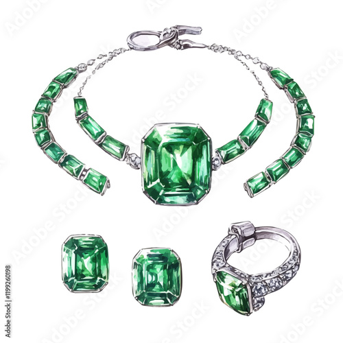 A watercolor vector painting of an emerald necklace, earring, and ring set, symbolizing vibrant nature.

