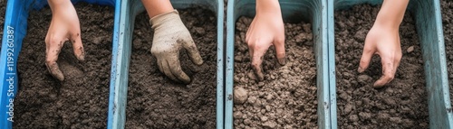Hands with gardening gloves planting seedlings in soil containers, nurturing growth and emphasizing the importance of gardening and environmental sustainability in urban settings photo