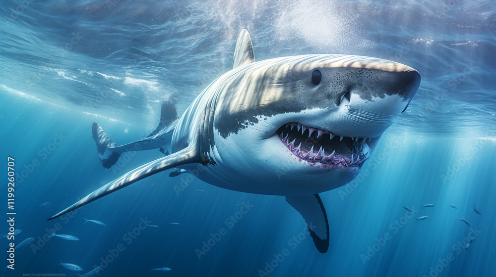 Naklejka premium Great white shark underwater, hyper-realistic marine predator