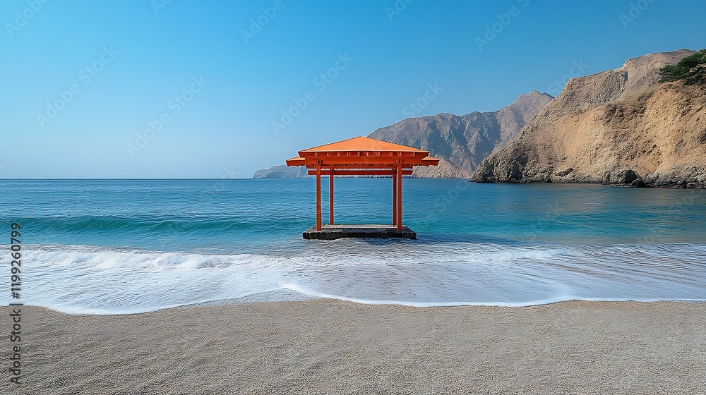 Orange Pavilion Stands Alone On Sandy Beach Near Mountains Orange Pavilion Stands Alone On Sandy Beach Near Mountains