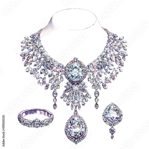 A watercolor vector painting of the Darya-i-Noor diamond necklace, earring, and ring set becoming a symbol of grandeur with its dazzling brilliance, isolated on a white background.

