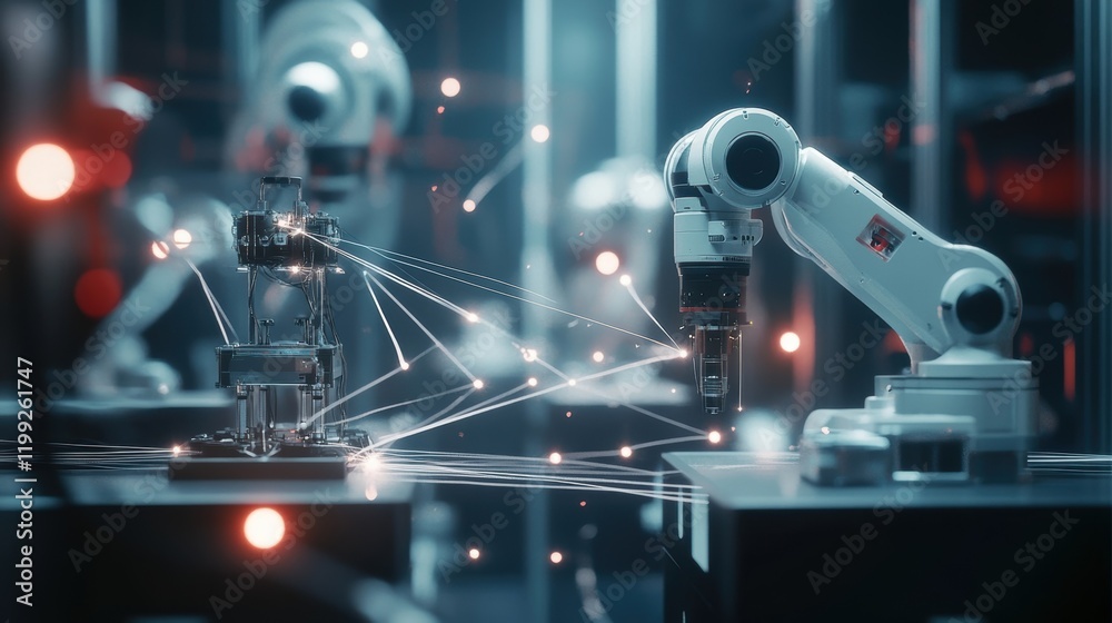 Fototapeta premium An arrangement of robotic equipment with fine details visible highlighted by glowing white threads connecting different machines demonstrating the efficient communication enabled by