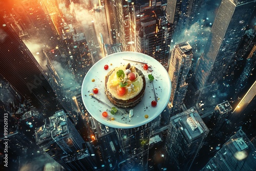 An aerial view of a dystopian cityscape, gourmet dish elegantly plated with futuristic techniques, vibrant colors contrasted with urban decay, photorealistic style photo