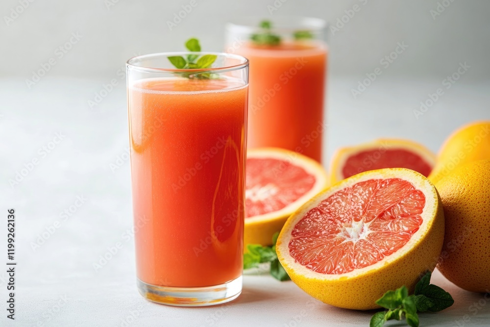 Refreshing grapefruit juice served in tall glasses, garnished wi Refreshing grapefruit juice served in tall glasses, garnished wi