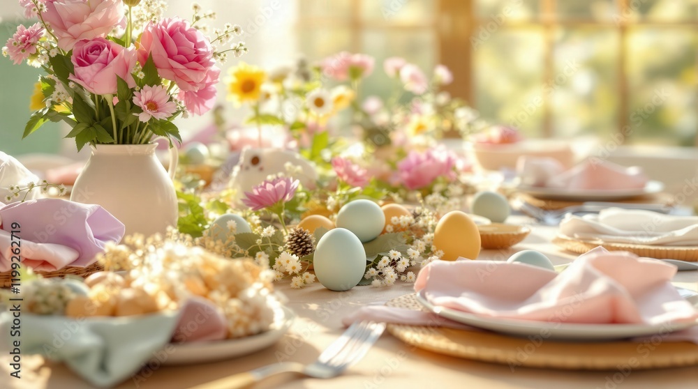 Festive Easter table setting with pastel eggs, flowers, and bunny decoration. Spring holiday celebration Festive Easter table setting with pastel eggs, flowers, and bunny decoration. Spring holiday celebration
