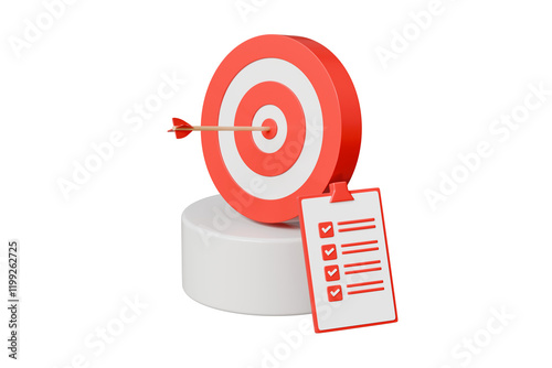 3d Red arrow aim to business target goal hit success center accuracy competition icon. Marketing winer roadmap achievement or strategy dartboard concept isolated on transparent background. 3d render.