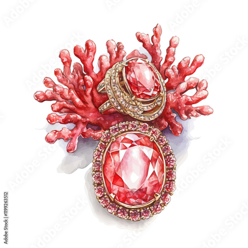 A watercolor vector painting of coral jewelry, depicted to highlight the elegant and timeless allure of these Italian gems, isolated on a white background.

