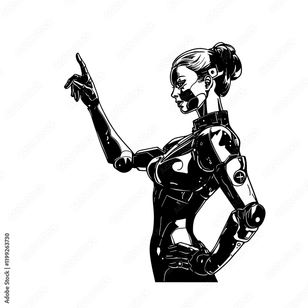 Fototapeta premium Futuristic Female Robot – A Sleek and Sophisticated Design Perfect for Sci-Fi, Technology, and Robotics Projects. This Powerful Yet Elegant Robot Character is Ideal for Video Games, Animations