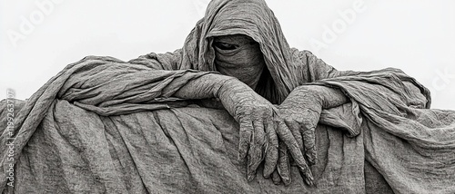 Mysterious Hooded Figure in Sculpted Drapery: Captivating Gothic and Mythical Imagery