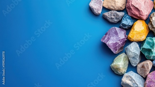 Colorful minerals and rocks arranged on blue background photo