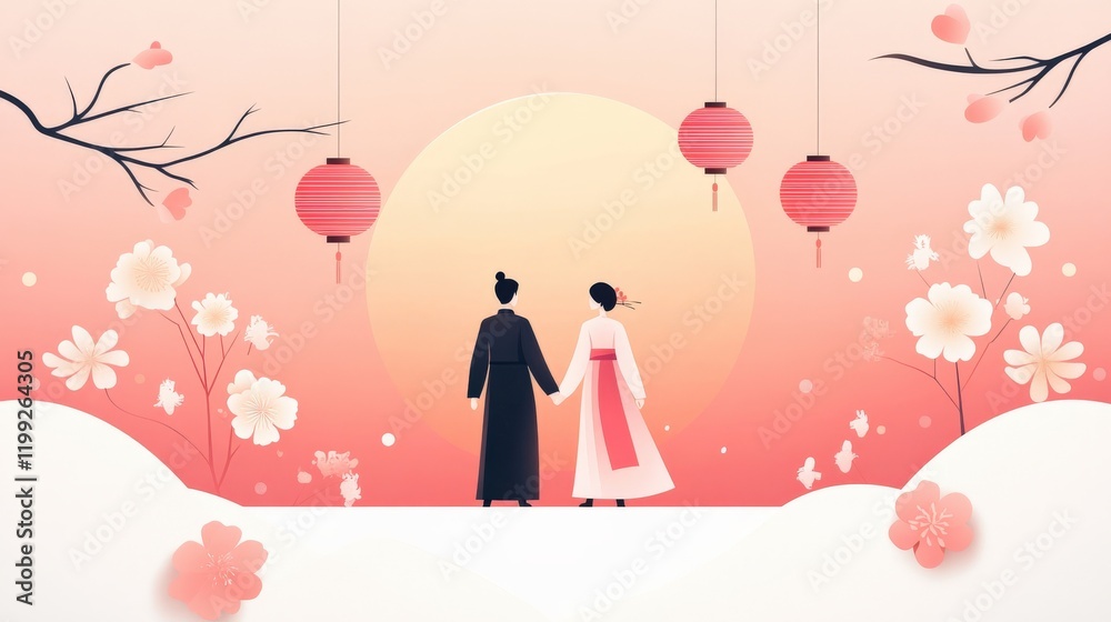 Romantic couple holding hands under lanterns with blooming flowers in a serene sunset landscape Romantic couple holding hands under lanterns with blooming flowers in a serene sunset landscape