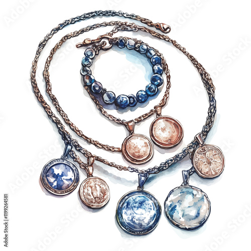 A watercolor vector painting of coin necklaces, depicted to reflect a blend of tradition and elegance, isolated on a white background.

