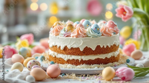 Delicious Easter cake decorated with pastel eggs and surrounded by tulips. Spring holiday treat
