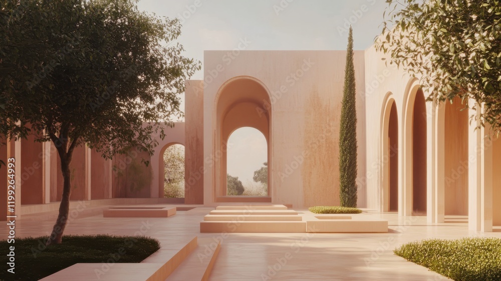 Fototapeta premium Serene architectural courtyard with soft lighting, lush greenery, and elegant arches