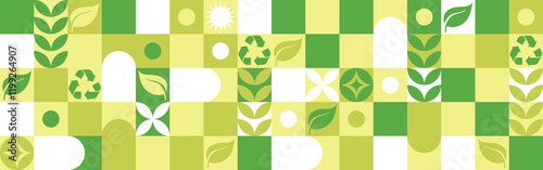 Bio template for ecological social projects, seamless pattern for eco packaging with green flowers. Natural style banner, mosaic of geometric white shapes.