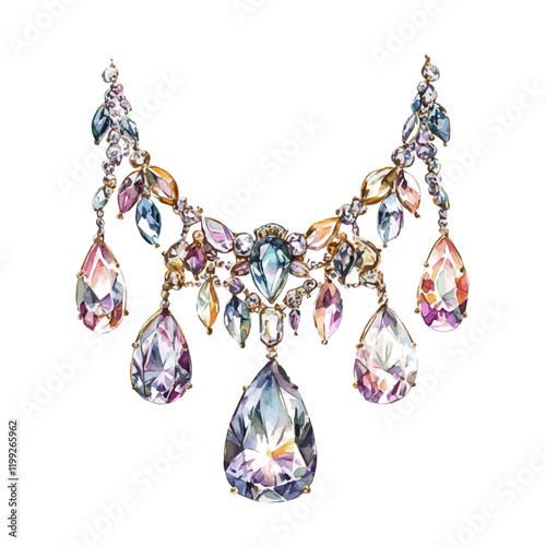A watercolor vector painting of Cartier’s Louis XIV diamonds, beautifully showcasing the grandeur and beauty of these jewels, isolated on a white background.

