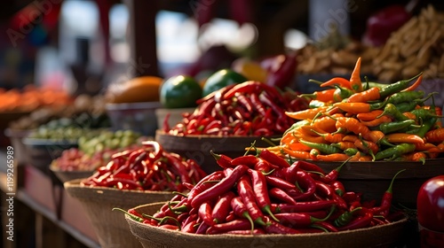 Vibrant traditional market stall displaying an abundant assortment of colorful chili peppers in various shapes sizes and degrees of spiciness photo