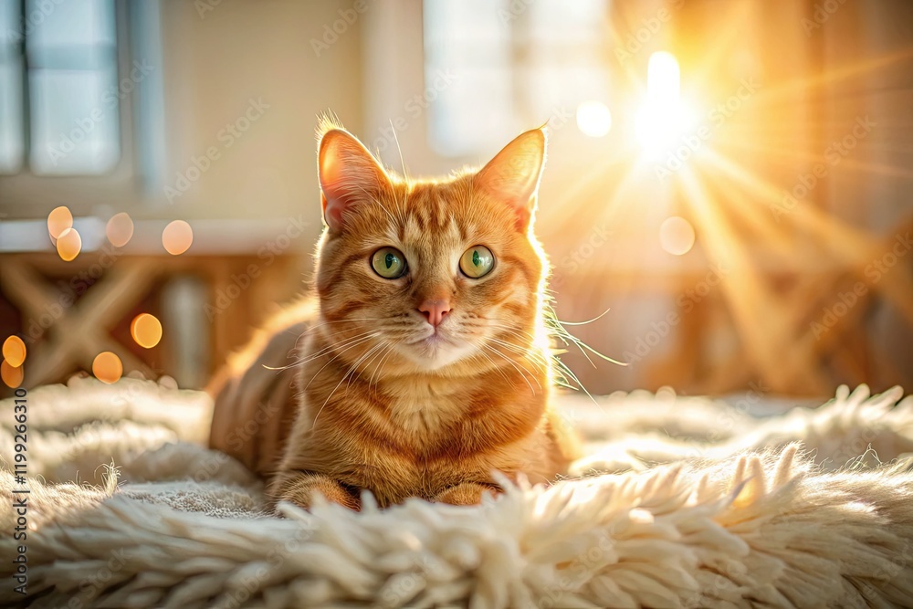 Obraz premium Adorable fluffy red cat, aerial view, snuggled on a blanket in a cozy bedroom. Drone photography captures its cuteness.