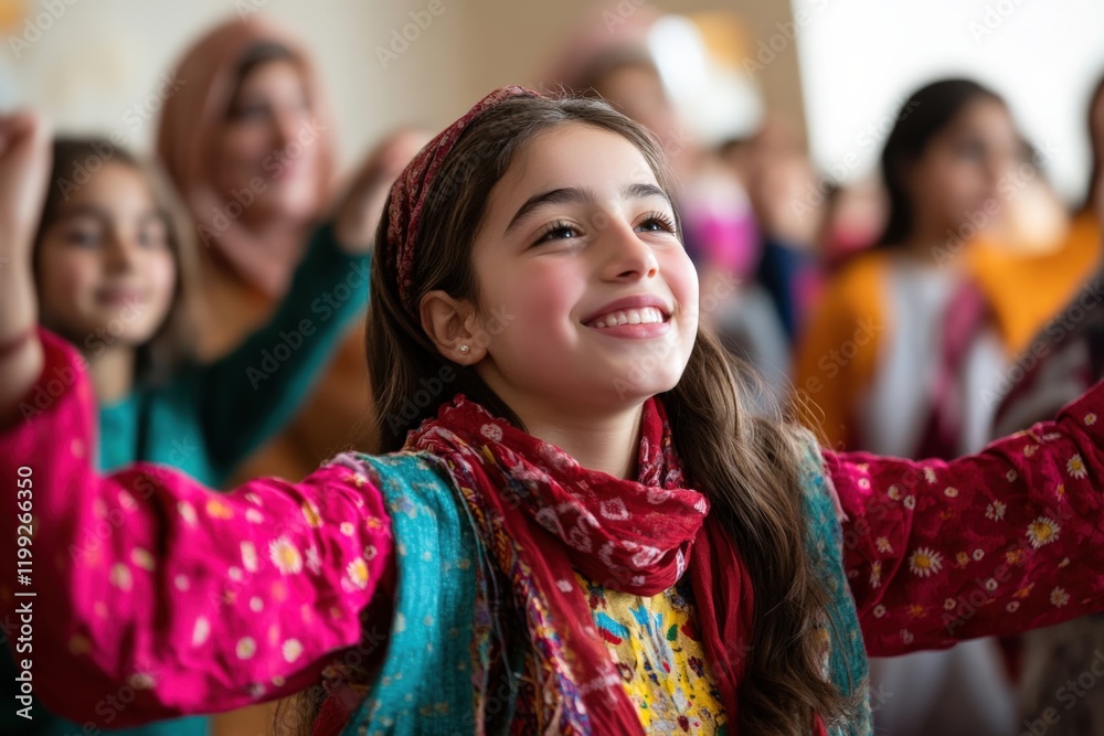 Joyful Young Girl Smiling in Colorful Traditional Attire Surrounded by Friends at Cultural Celebration Event Joyful Young Girl Smiling in Colorful Traditional Attire Surrounded by Friends at Cultural Celebration Event