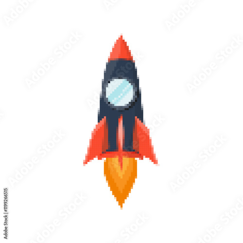 Pixel art rocket with fiery trails, retro games, space-themed designs, apps, or animations. 8-bit style for technology, sci-fi, and futuristic creative projects. Vector illustration