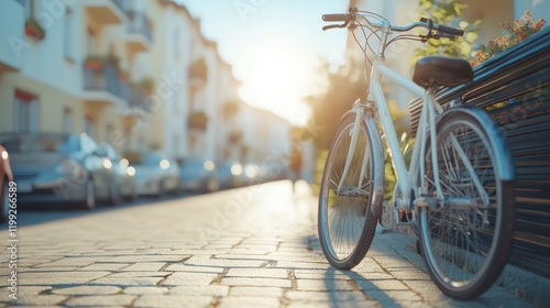 White bicycle parked on sunny city street. photo