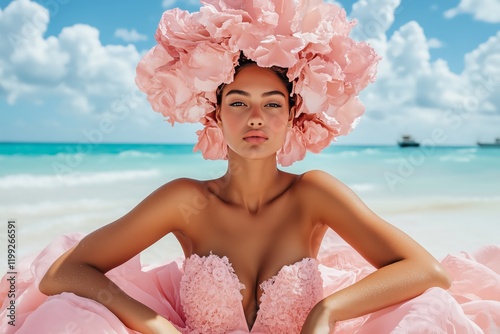 A woman adorned in a pink floral headpiece and a matching gown, sits serenely on a pristine beach.