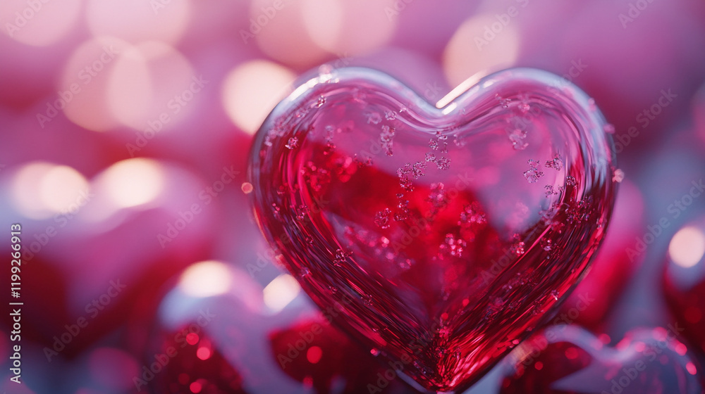 Heart-shaped glass figurines reflecting soft light in vibrant red hues during a romantic setting Heart-shaped glass figurines reflecting soft light in vibrant red hues during a romantic setting