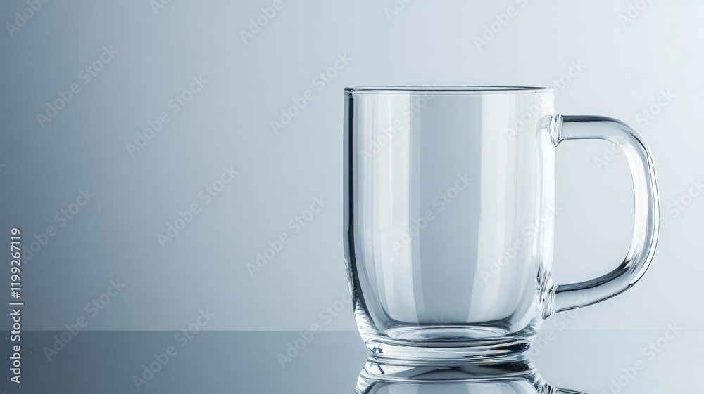 Clear glass mug on reflective surface with handle, minimalist design Clear glass mug on reflective surface with handle, minimalist design