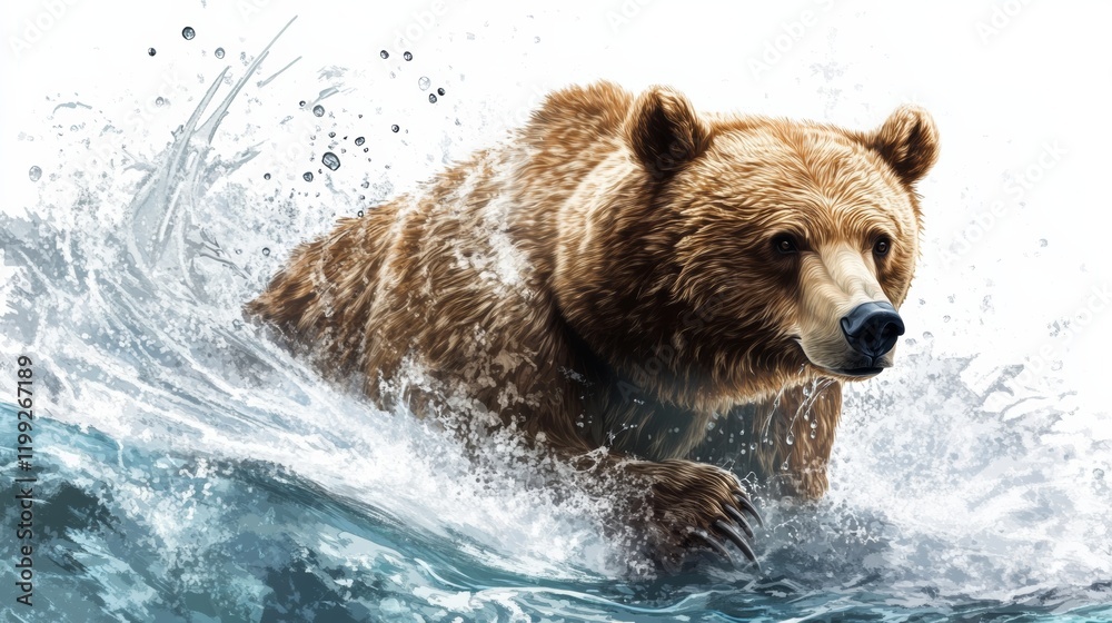 Fototapeta premium A bear fishing in a stream, with water droplets splashing, isolated on a white background,