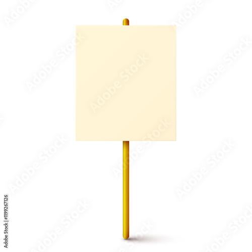 Blank colorful protest sign with wooden holder. Demonstration banner. Strike action cardboard placard mockup. Social advertisement. Vector illustration