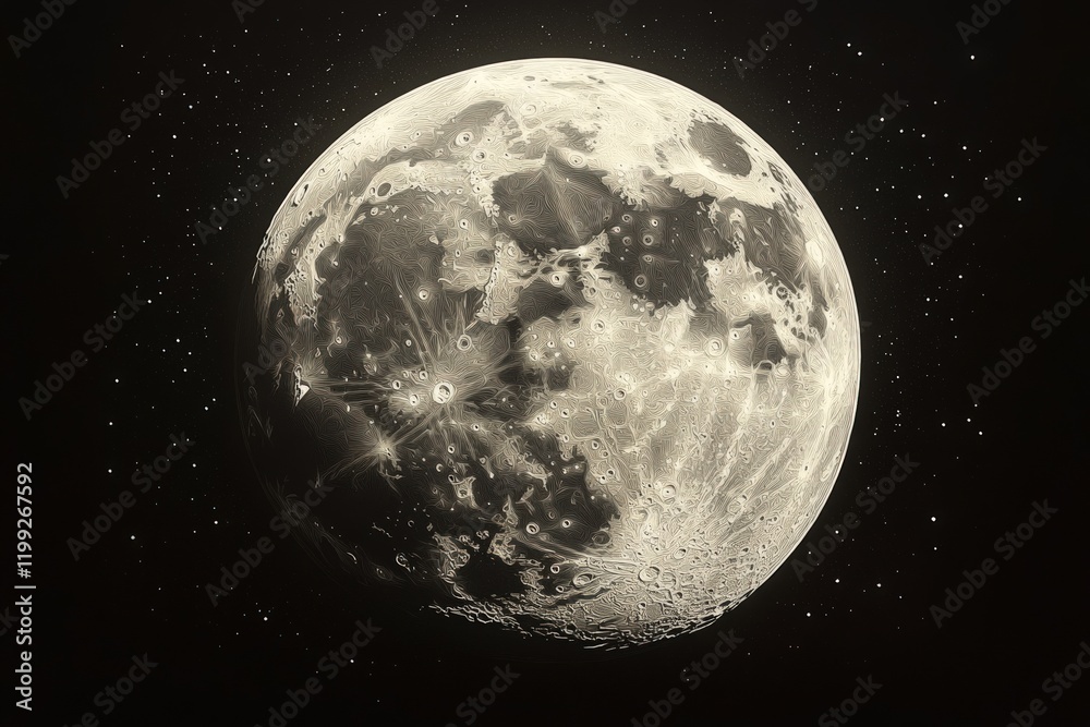 Obraz premium Stylized moon, craters, stars, dark space.