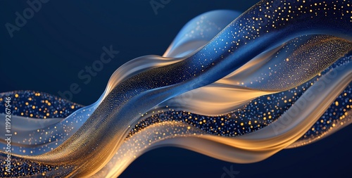 Abstract Gold and Blue Swirl:  A mesmerizing abstract artwork featuring flowing, shimmering gold and blue ribbons interwoven with sparkling particles, creating a luxurious and dynamic visual.
