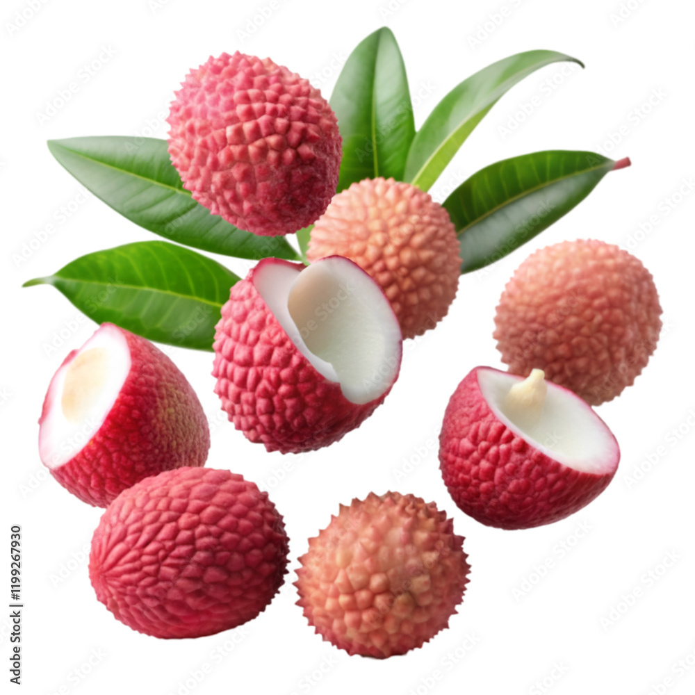 Flying lychee with leaves isolated on transparent background Flying lychee with leaves isolated on transparent background